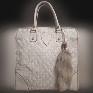 Vintage RARE ivory leather embossed logo monogram Gucci large tote handbag